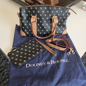 Dooney & Bourke DB Monogram Satchel Black + Wristlet, Shoulder Strap, Dust Bag